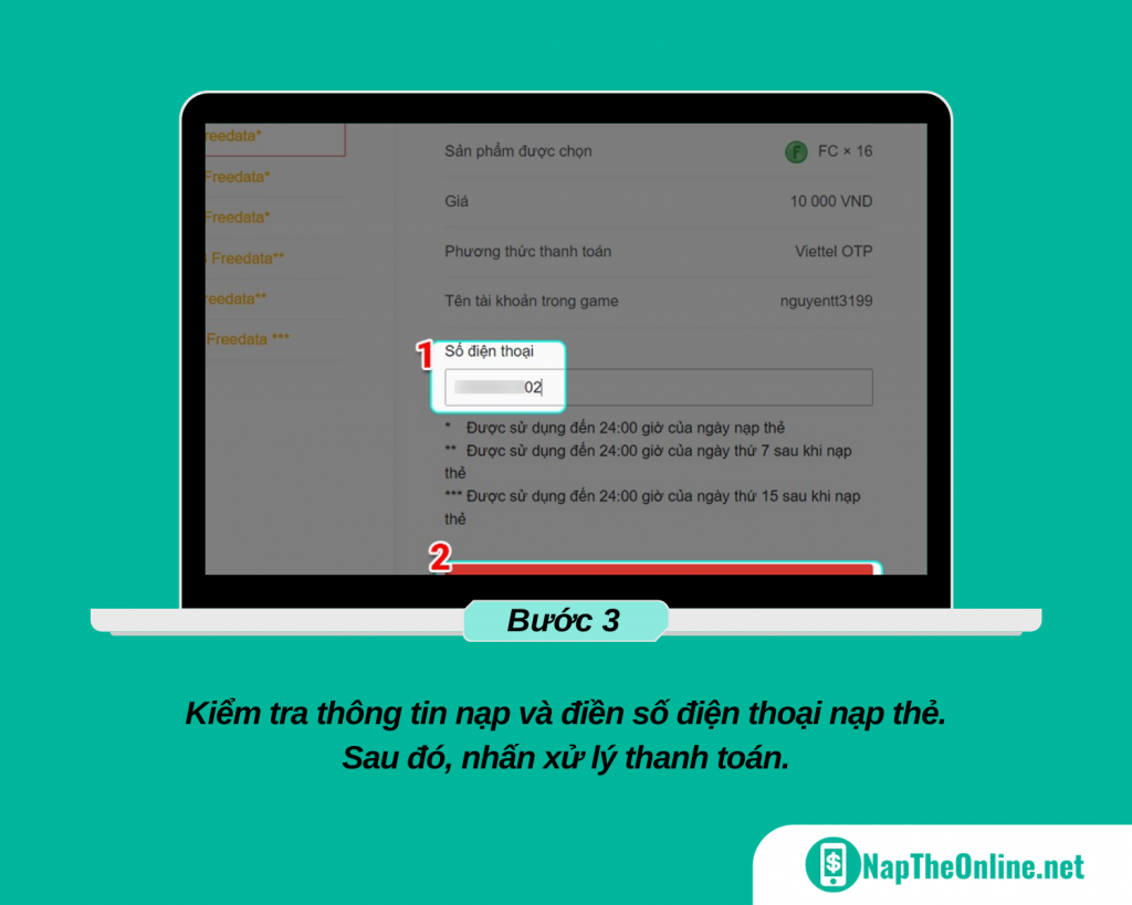 kiểm tra thông tin nạp và điền số điện thoại nạp thẻ,