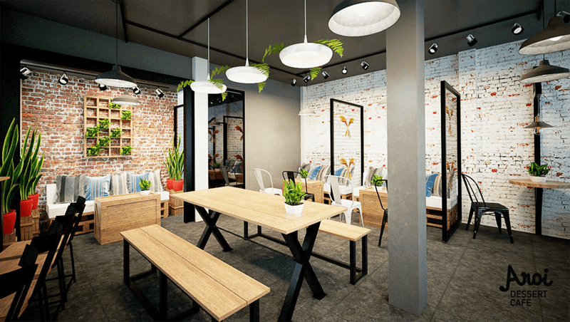 Aroi Dessert Cafe Hà Nội được đầu tư tỉ mỉ về nội thất lẫn không gian trong và ngoài quán