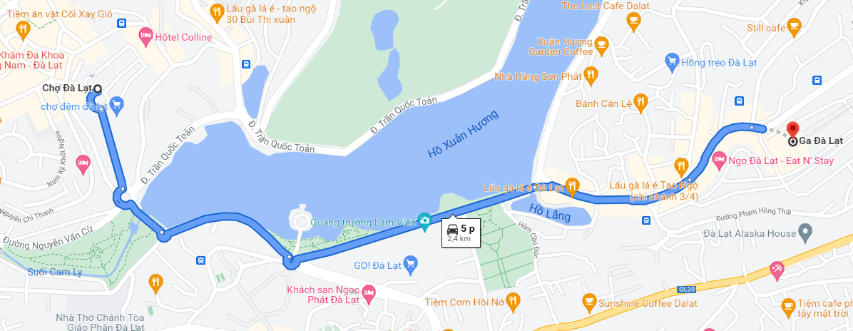 Google maps hướng dẫn tuyến đường di chuyển đến Ga Đà Lạt rất dễ đi.