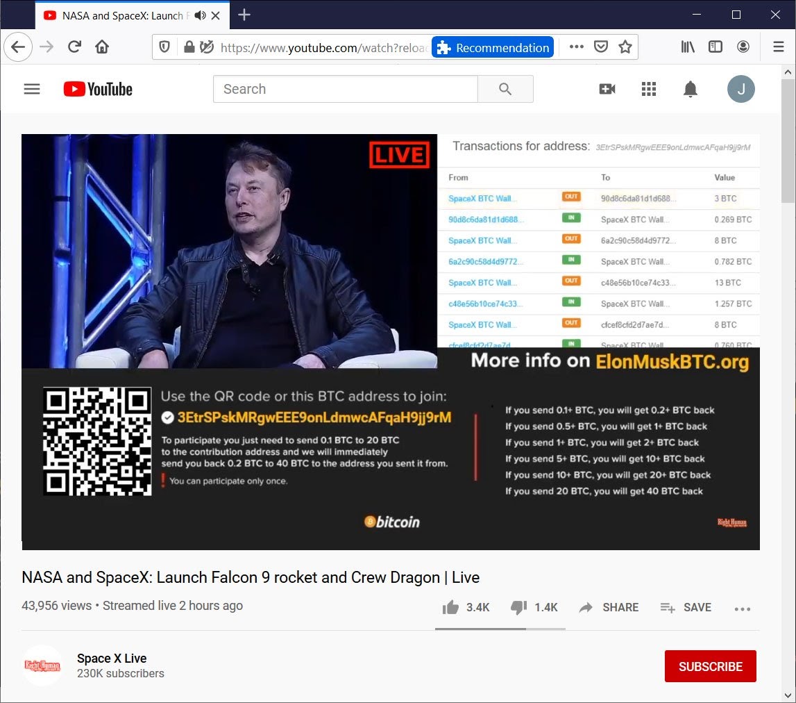 Kênh YouTube giả mạo SpaceX lừa đảo 150 nghìn đô la BTC