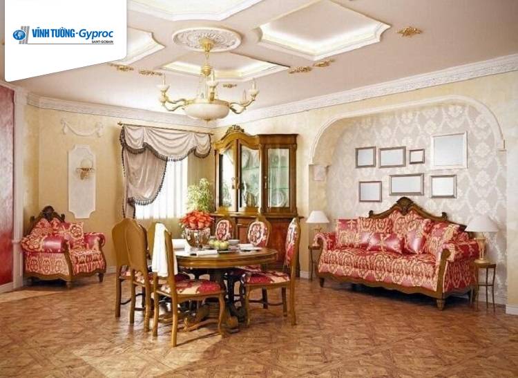 Trần thạch cao phòng khách phong cách cổ điển phù hợp vơi thiết kế nội thất