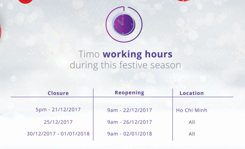 Timo working hour during Christmas season and New Year 2018