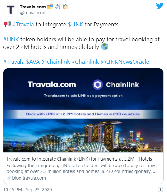 Bài đăng trên Twitter của Travala.com