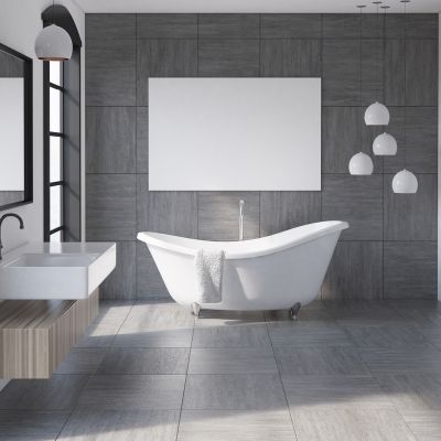 Ý tưởng gạch lát sàn phòng tắm màu xám cho phong cách công nghiệp sang trọng