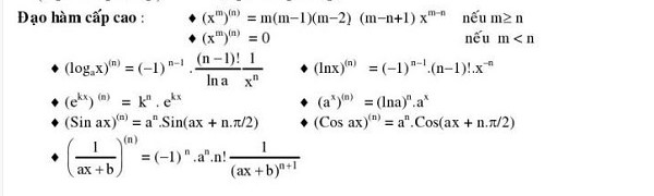 Công thức tính đạo hàm cấp cao