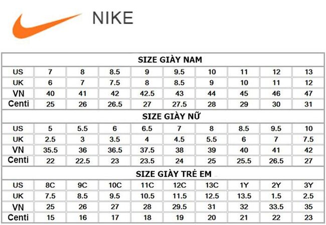 Tham khảo size giày Nike chuẩn cho Nam, Nữ và Trẻ em