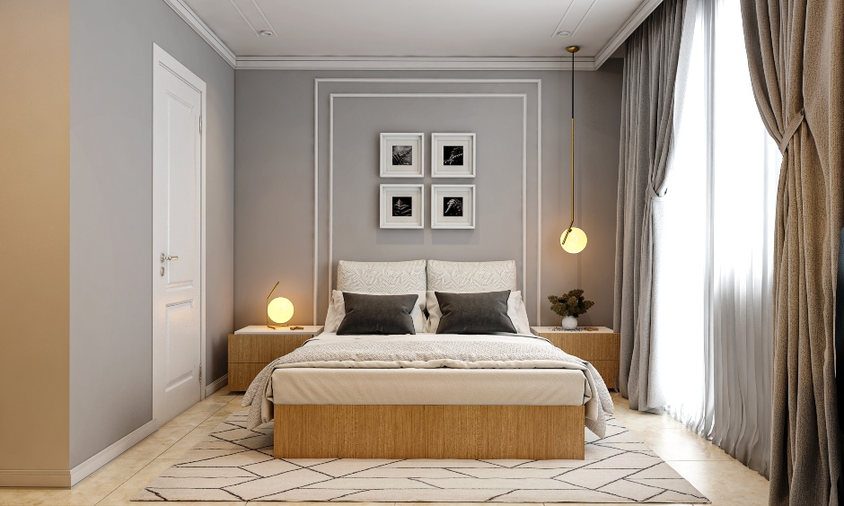 Mẫu 16: Treo các bức tranh có kích thước phù hợp ngay đầu giường để giúp không gian phòng ngủ vợ chồng bớt đơn điệu và một màu hơn. 