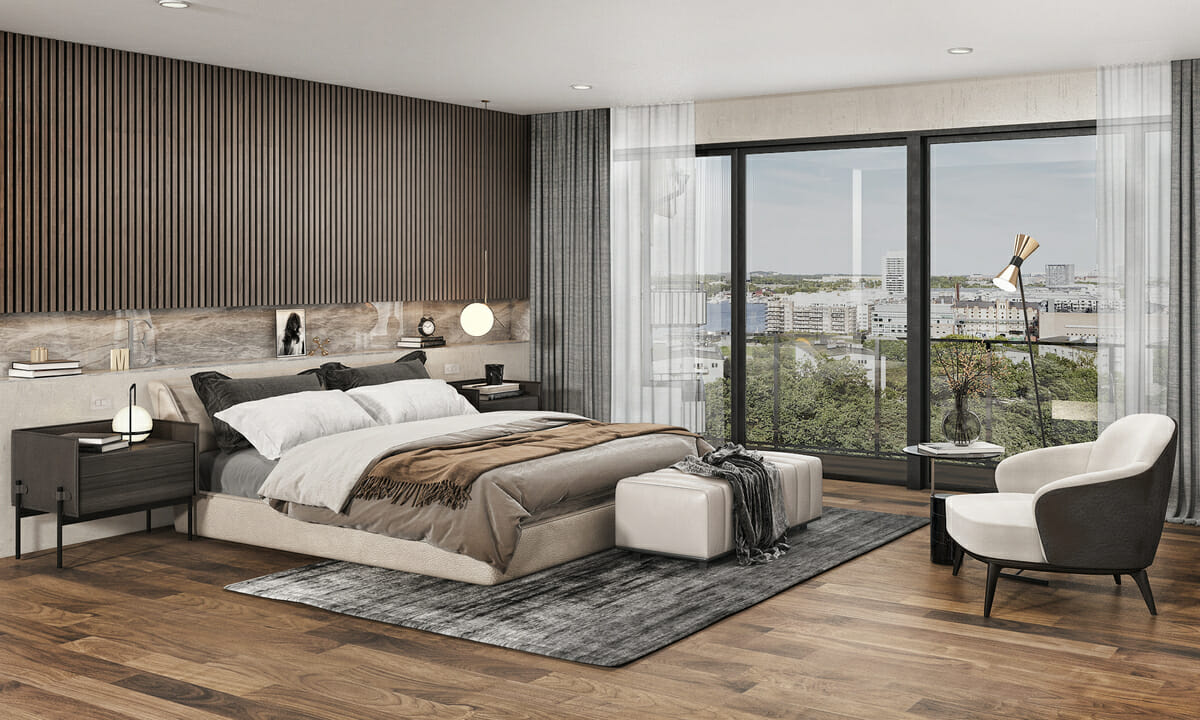 Mẫu 23: Sự kết hợp hài hòa giữa ba gam màu trắng - đen - xám giúp tổng thể cả căn phòng ngủ mang một vibe hiện đại, thanh lịch và sang trọng.