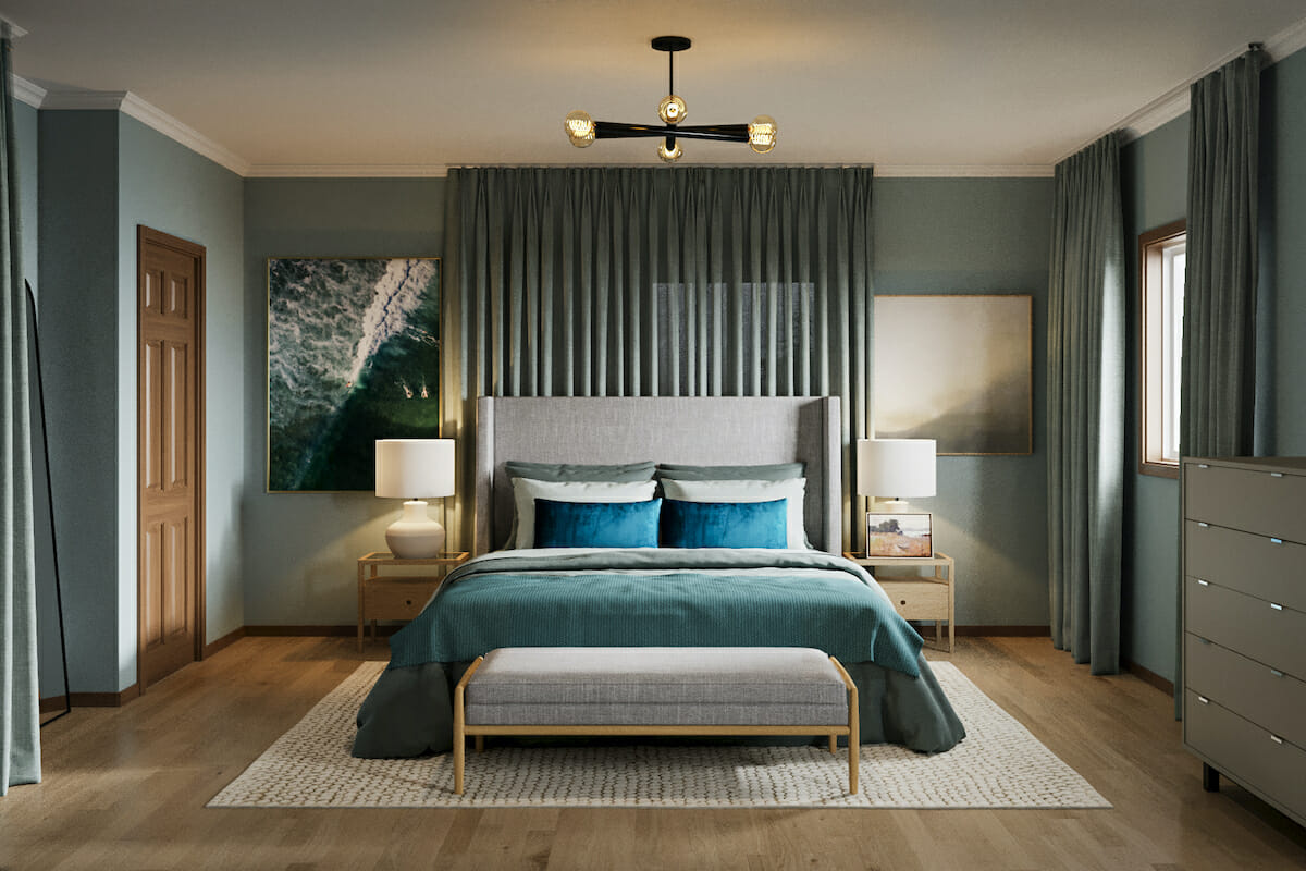 Mẫu 25: Trang trí phòng ngủ với tone xanh lam bắt mắt và mới lạ cùng hệ thống đèn chiếu sáng hiện đại và tinh tế.