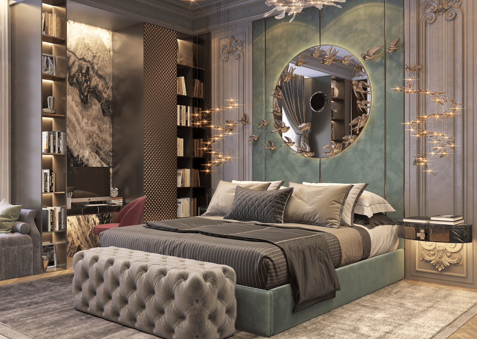 Mẫu 28: Trang trí phòng ngủ vợ chồng với các món đồ nội thất mang phong cách cổ trang độc lạ và ấn tượng. 