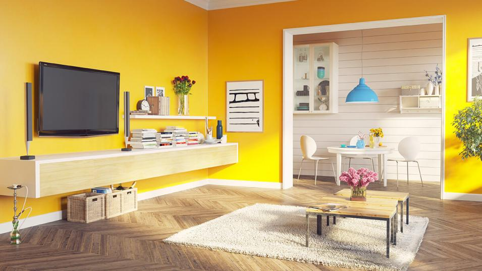 Mẫu 33: Sử dụng những món đồ nội thất có màu gỗ nhạt để tạo nên vẻ đẹp hòa hợp với phòng khách tone vàng.