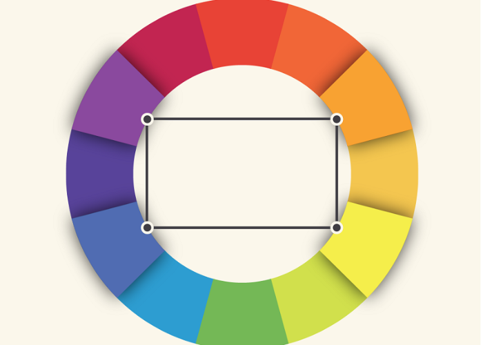 Phối màu theo nguyên tắc bộ 4 nghĩa là lựa chọn 4 gam màu sao cho tạo thành hình chữ nhật trên vòng tròn màu sắc