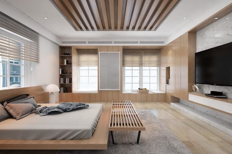 Trần thạch cao kết hợp cùng với gỗ tạo điểm nhấn cho phòng ngủ