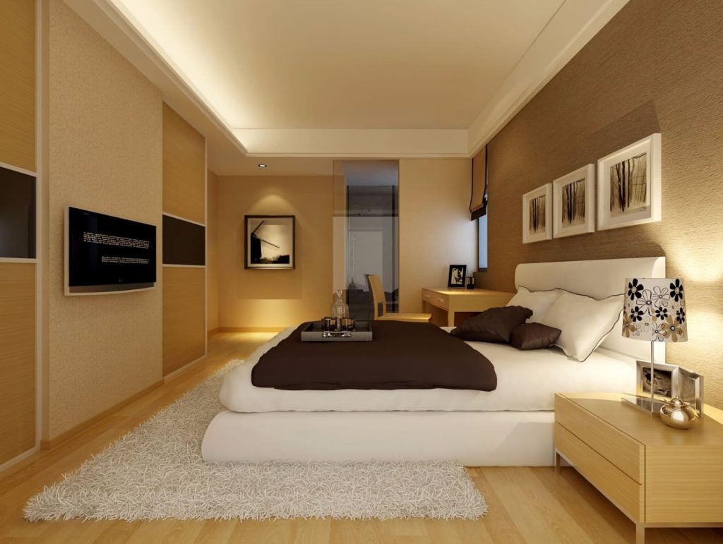 Trần thạch cao với gam màu nóng tạo sự ấm áp cho không gian phòng ngủ