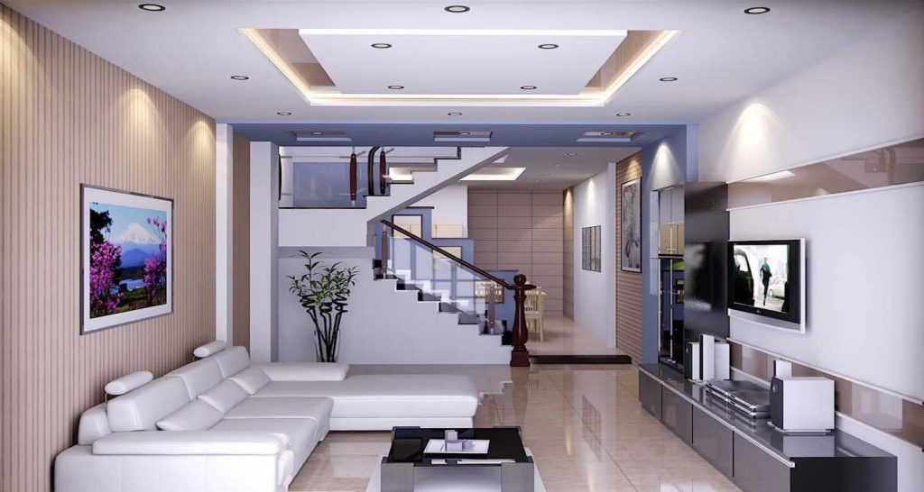 Mẫu trần thạc cao phòng khách 30 m2 với phong cách hiện đại tối giản