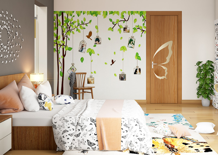 Sử dụng giấy dán tường có họa tiết lá cây để giúp tạo không gian mát mẻ và thoáng đãng hơn cho căn phòng ngủ.
