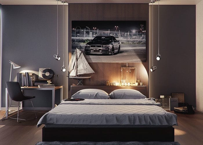Mẫu 5: Mẫu phòng ngủ cho nam thiết kế đèn led với nhiều kiểu dáng lạ mắt, vừa làm nổi bật không gian ngủ phía trên đầu giường, vừa thể hiện được sự nam tính lịch lãm.