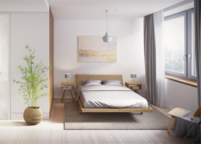 Mẫu 6: Phòng ngủ đẹp cho nam với nội thất đầy đủ tiện nghi. Gam màu trung tính kết hợp ánh sáng từ cửa sổ làm không gian trở nên thoáng hơn.