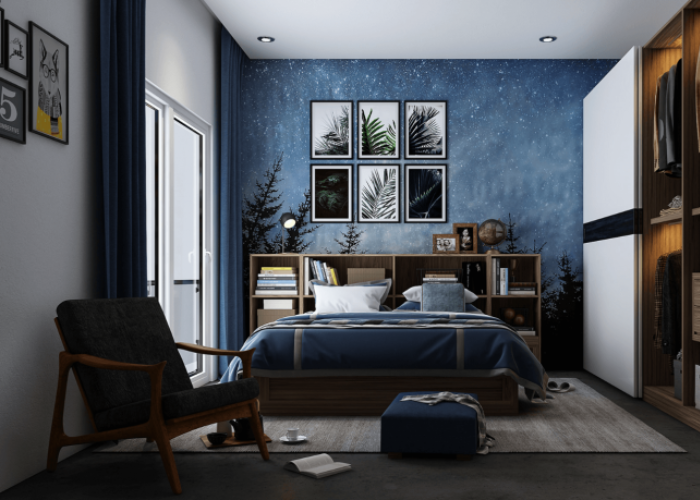 Mẫu phòng ngủ màu xanh dương kết hợp với nội thất gỗ.