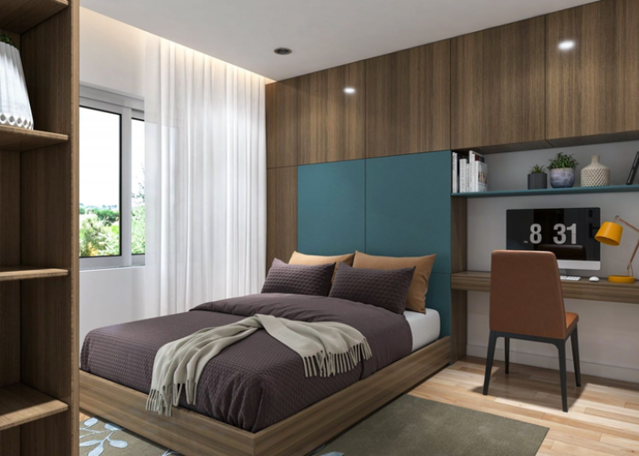 Mẫu 2: Giường ngủ chất liệu gỗ công nghiệp với thiết kế hiện đại bên cạnh bàn làm việc là một kiểu thiết kế phòng ngủ đẹp cho nam rất được ưa chuộng. 