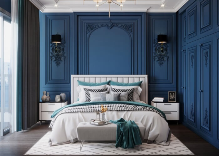 Mẫu phòng ngủ màu xanh navy với giường và thảm màu trắng tinh tế, nhẹ nhàng (Nguồn: Internet)