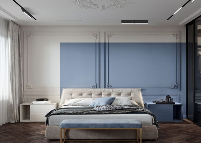 Phòng ngủ tường xanh phối trắng cùng sàn gỗ trang trí cách điệu (Nguồn: Internet)