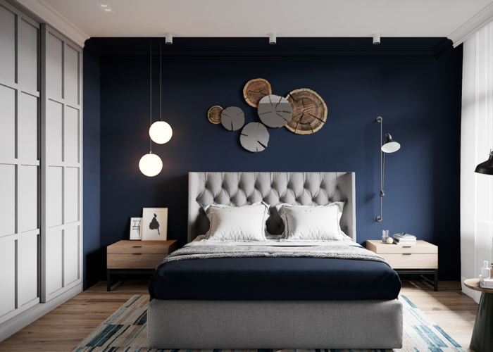 Phòng ngủ màu xanh navy ấn tượng với 2 màu tương phản xanh phối trắng (Nguồn: Internet)