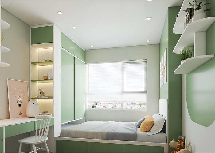 Mẫu 9: Mẫu thiết kế cho phòng ngủ diện tích nhỏ với tone xanh lá pastel cùng nội thất thông minh.  