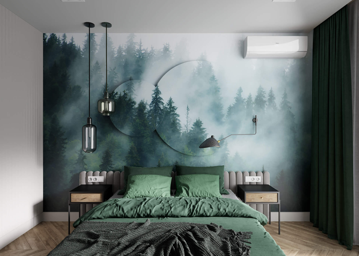 Mẫu 10: Tạo điểm nhấn nổi bật cho phòng ngủ màu xanh lá đậm bằng tranh tường nghệ thuật.