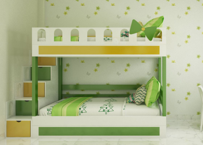 Mẫu 11: Phòng ngủ màu xanh lá cây, vàng và trắng được phối hợp hài hòa. Sử dụng giường tầng tiện lợi và giấy dán tường trang trí bông hoa giúp cho căn phòng bớt đơn điệu. 