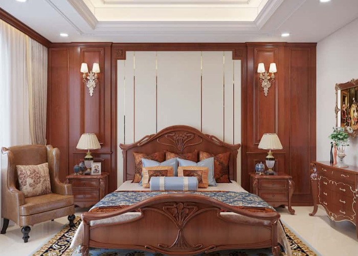 Phòng ngủ tân cổ điển gỗ tự nhiên thường mang một màu sắc trang trọng.