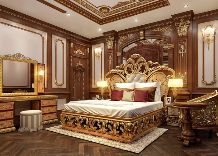 Phòng ngủ tân cổ điển với nhiều họa tiết màu vàng thể hiện sự sang trọng.