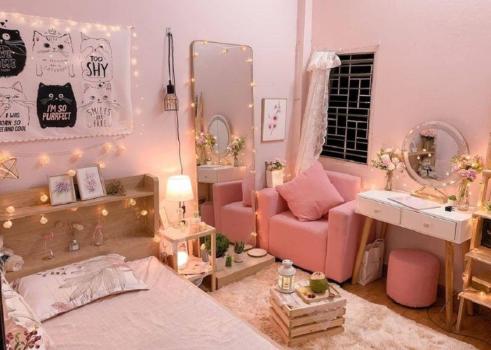 Decor phòng ngủ vintage “chill” với tông hồng chủ đạo thích hợp cho những cô gái yêu thích sự nhẹ nhàng