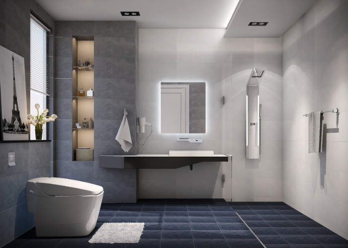 Phòng tắm 4m2 nổi bật với sự tương phản rõ nét giữa màu sắc các vật liệu vệ sinh