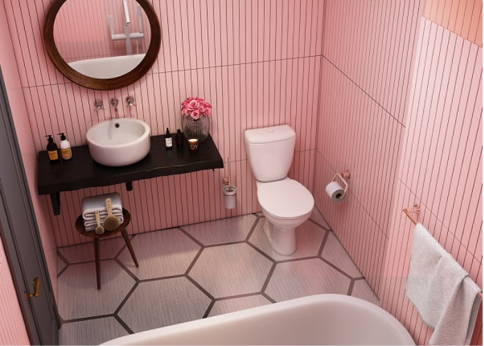 Thiết kế phòng tắm 4m2 với tường và sàn màu hồng đáng yêu