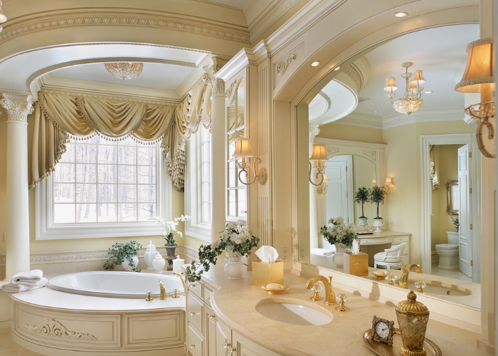 Thiết kế phòng tắm cổ điển với tone vàng đồng - trắng