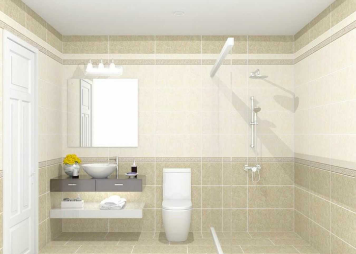 Phòng tắm 6m2 với gạch men tông màu ghi đơn giản