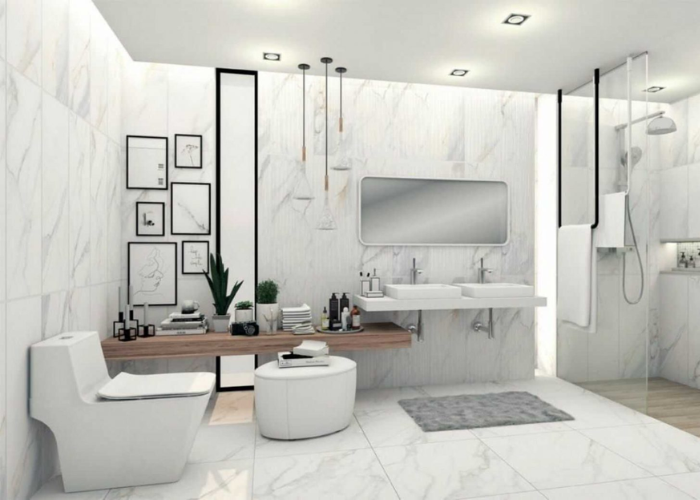 Phòng tắm 6m2 tông màu sáng, kết hợp tranh treo tường tăng tính thẩm mỹ