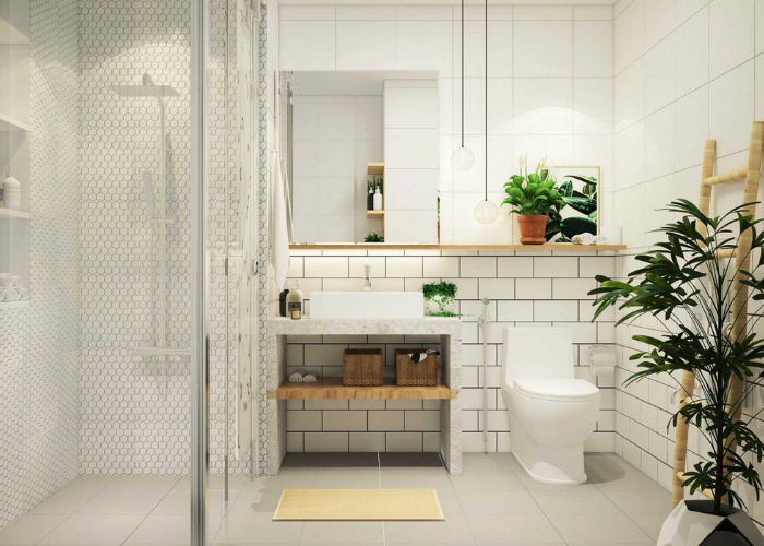 Thiết kế phòng tắm 2m2 với kệ đựng đồ tiết kiệm không gian