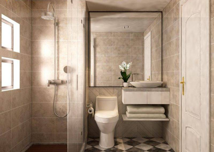 Phòng tắm 3m2 dùng vách ngăn kính, gạch men tối màu