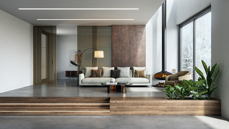 Mẫu phòng khách với thiết kế sử dụng chất liệu gỗ cho không gian ấm cúng gần gũi  (Nguồn: Internet)