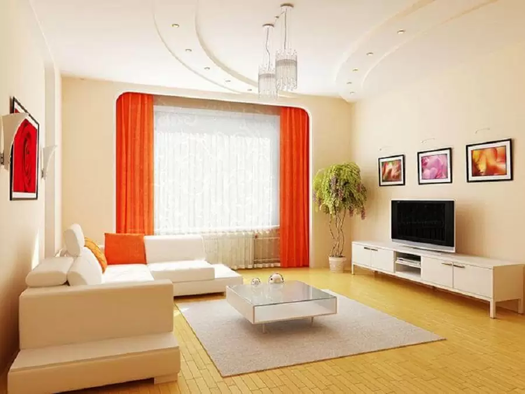 Mẫu trần thạch cao phòng khách đơn giản với màu sắc nổi bật của nội thất trang trí  (Nguồn: Internet)
