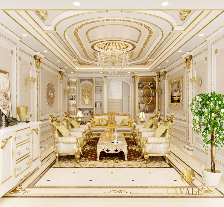 Mẫu trần thạch cao phòng khách cực đẹp với phào chỉ nhựa kết hợp decor dát vàng (Nguồn: Internet)