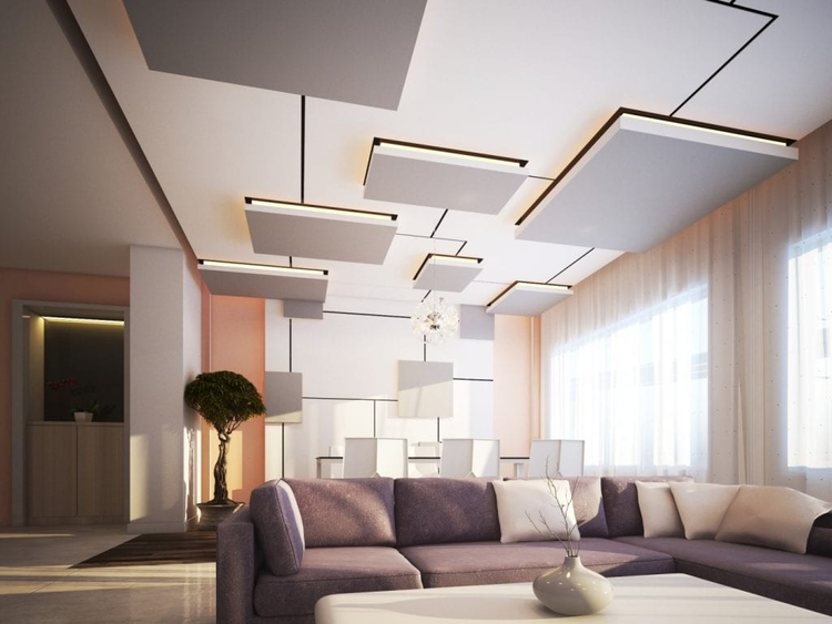 Trần thạch cao đẹp, màu sắc nhẹ nhàng phù hợp với tông màu của nội thất trang trí trong phòng khách (Nguồn: Internet)