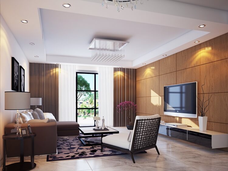 Trần thạch cao phòng khách đẹp, phối với nội thất màu nâu gỗ ấm cúng