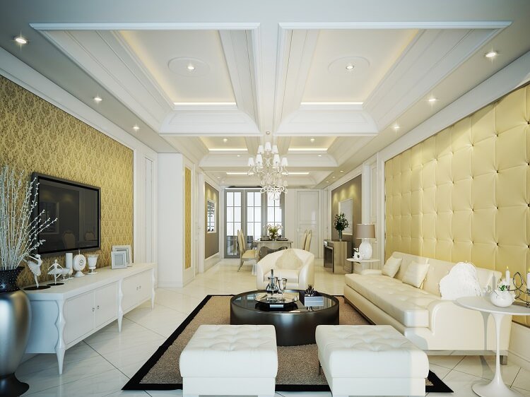 Trần thạch cao phòng khách hiện đại, thiết kế tone màu trắng chủ đạo