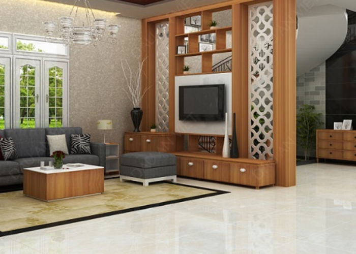 Mẫu vách ngăn phòng khách kết hợp kệ tivi giúp tối ưu không gian ngôi nhà