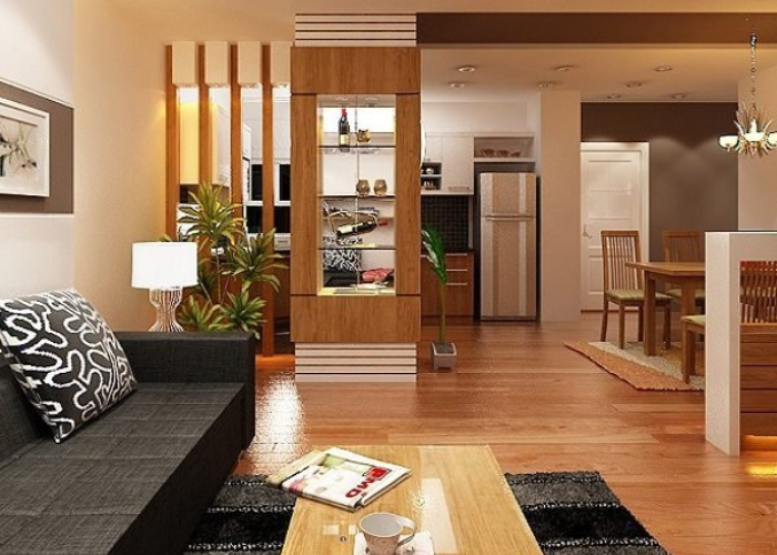 Vách ngăn phòng khách bằng gỗ được ứng dụng rất tinh tế, tạo cảm giác rộng hơn cho phòng khách