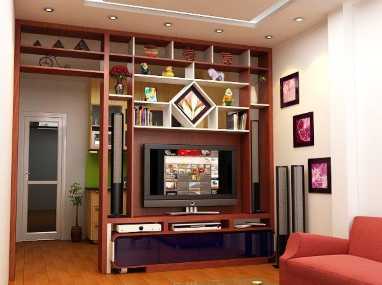 Bạn có thể sử dụng vách ngăn bằng gỗ kết hợp kệ sách và kệ tivi sẽ giúp tiết kiệm diện tích không gian trong nhà.