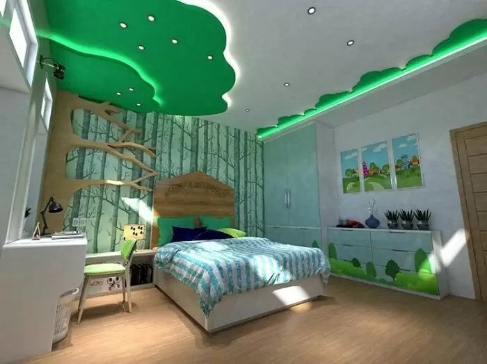 trần thạch cao phòng ngủ cho trẻ em với chủ đề rừng xanh